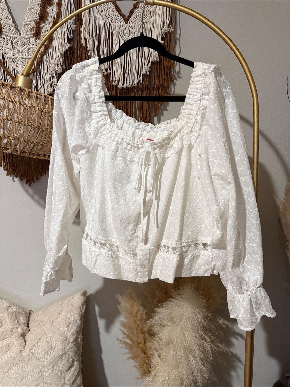 White Women's Peasant Blouse with Eyelet Detail